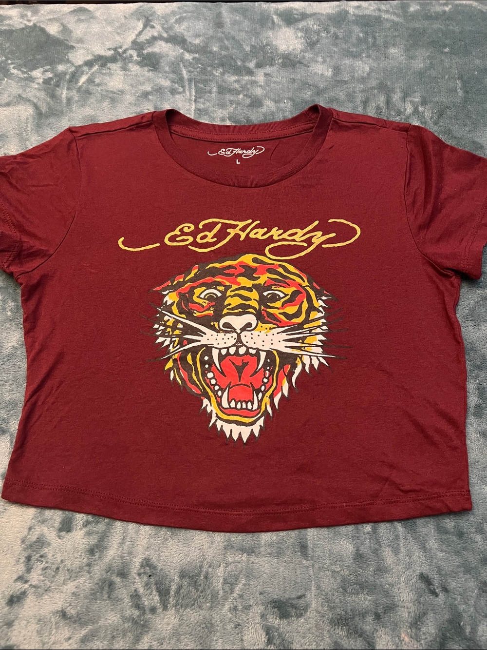 Ed Hardy womens Maroon cropped Tee with Yellow Script & Multicolor Tiger